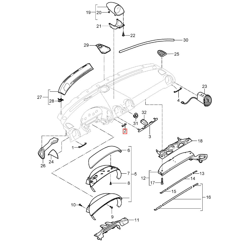 Porsche Cayman Boxster Dashboard Small Trim Cover Black (98755238301) — view 4