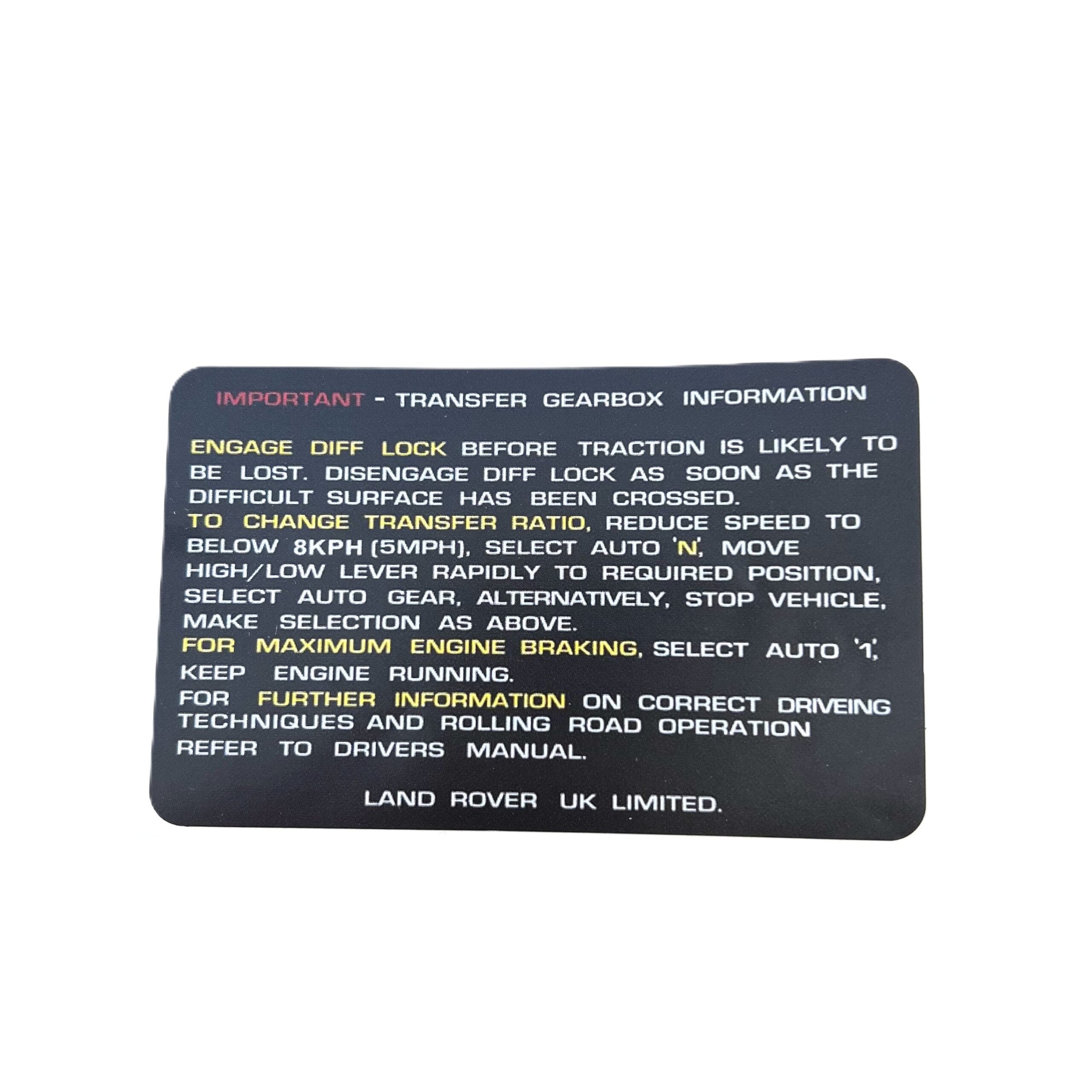 Land Rover Range Rover Classic Gearbox Information Decal - Replacement