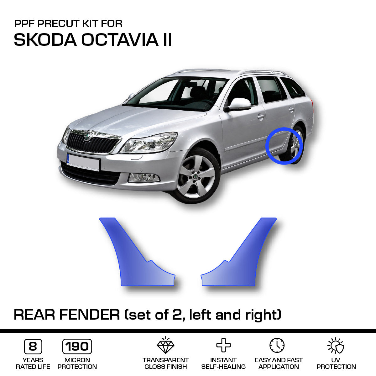 Skoda Octavia II Rear Fender PPF Protective Film – Set of 2 Left and Right
