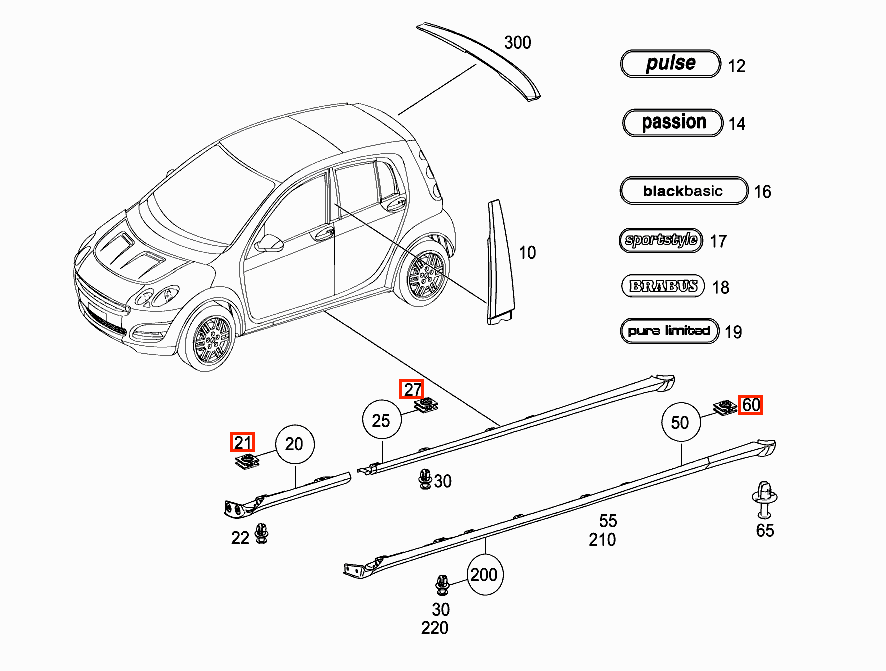 Smart Fortwo 451 Side Sill Square Retaining Clips Set of 10 Black (A0009912098) — view 4