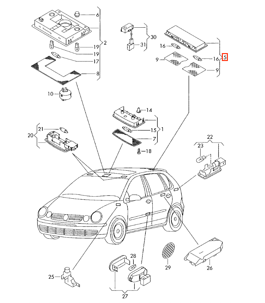 Volkswagen Polo Vento Jetta Touran Rear Roof Reading Light Knob Switch Primed or Black (6Q0947291A) — view 5