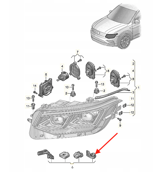 Volkswagen Tiguan Front Headlamp Mount Bracket Repair Kit Left or Right Black (5NA998225A / 5NA998226A) — view 4