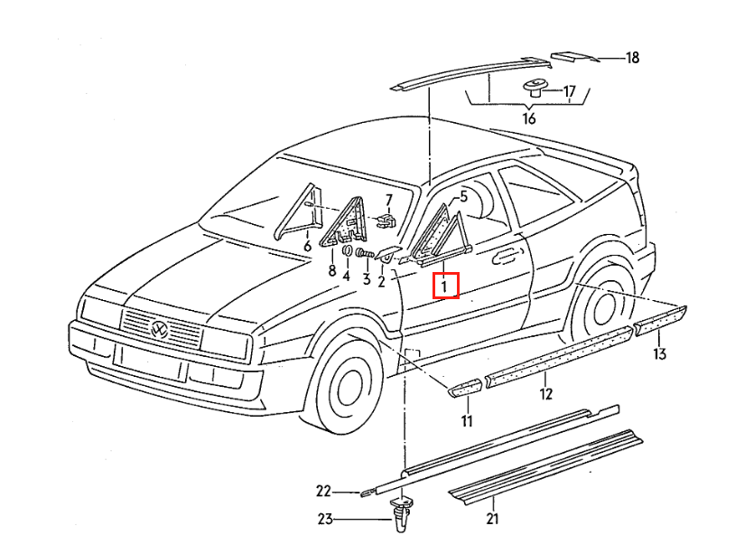 VW Corrado Outer Door Window Triangle Trim Black Left Or Right 535853221 / 535853222 — view 4