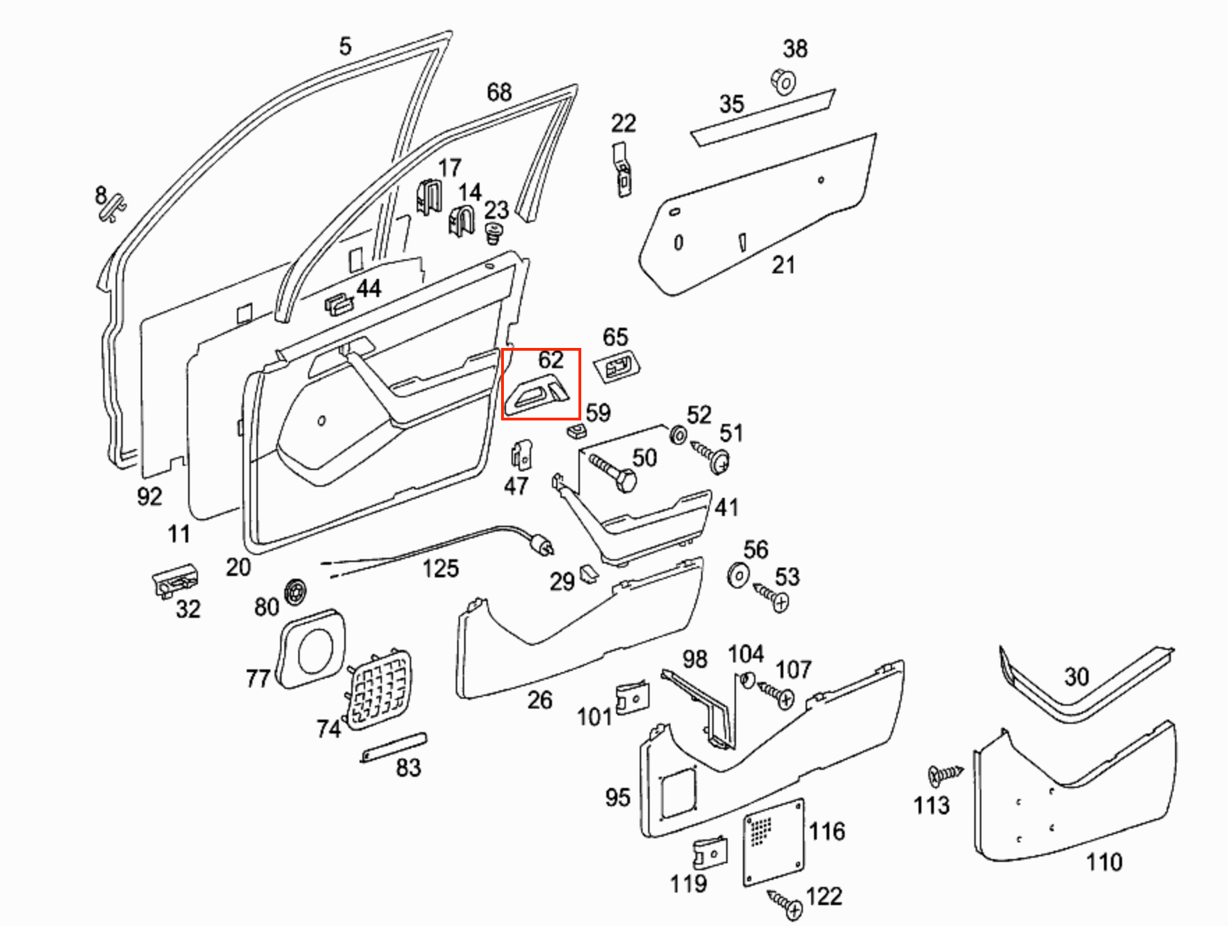 Mercedes-Benz W124 Interior Door Handle Assembly Cover - Non-Electric Seat - A1247660191 / A1247660291 — view 18