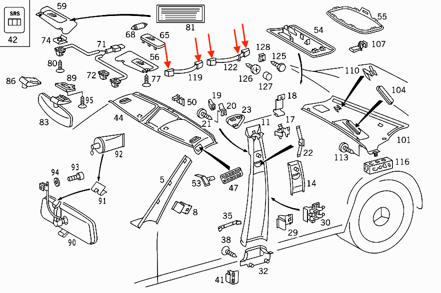Mercedes W140 / C140 Front & Rear Interior Roof Grab Handle Cover Set - 1 Side (A1408100651 / A1408100851) — view 2